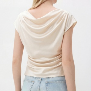 High Quality Breathable Anti-Pilling Luxury <strong>Cream</strong> Satin Crew Neck Cap Sleeve Side Ruched Elegant Office Casual <strong>Tshirt</strong> for Women - Product Image 2