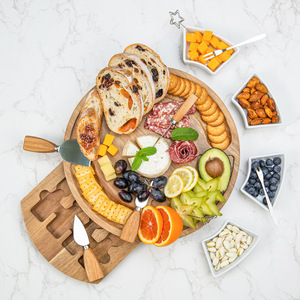 Acacia Wood Round <b>Cheese</b> Tray With Pull Out Board And Stainless Steel <b>Knife</b> <b>Set</b> For Serving And Cutting <b>Cheese</b> - Product Image 4