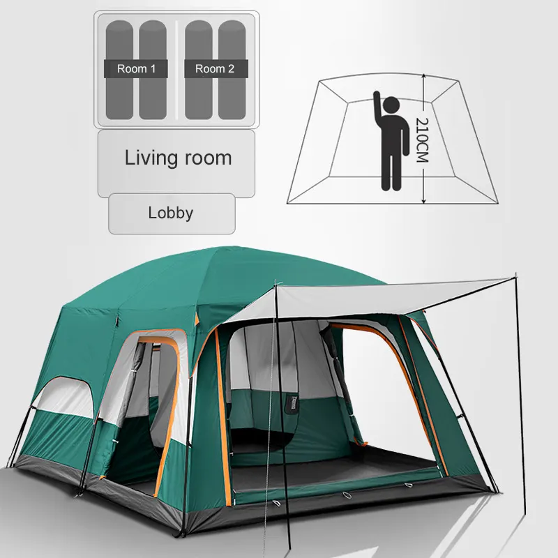 Tente de camping en plein air avec 2 chambres 1 salon étanche extra large espace 8-12 personnes tente familiale