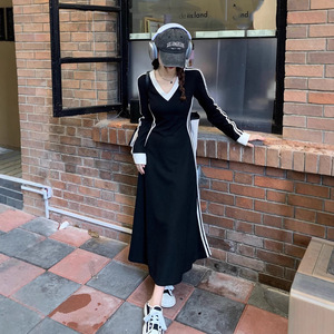 Plus Size Women Autumn V Neck Long Sleeve T Shirt Dress Korean Style A Line Midi Skirt Contrast Color Daily Wear - Product Image 4