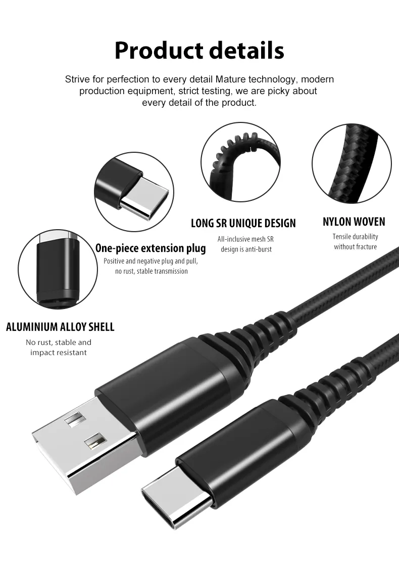 สายเคเบิลพีวีซี TPE ไนลอน USB ชนิด C โทรศัพท์มือถือ USB2.0 A TO Type C สายชาร์จเร็วข้อมูล3A USB C