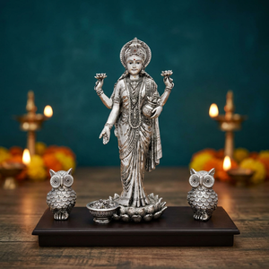 Silver Plated Goddess Lakshmi Idol with Owl Hindu Religious Statue for Diwali Puja Home Temple Decor Gifting Festival Item - Product Image 1