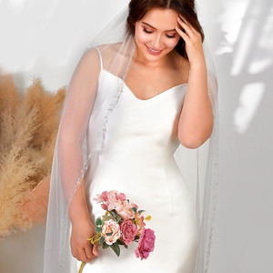 Voile de mariée simple à une seule couche avec perles, longueur personnalisable, vente directe d'usine YouLaPan V127, adapté aux mariages - Product Image 1