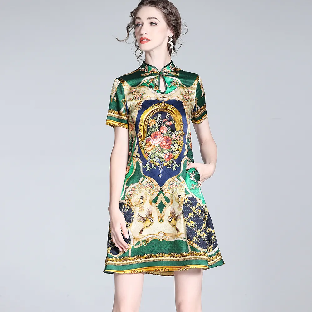 Novo vestido chinês para as mulheres 100% seda mulheres vestem bolsos vestido estampado vintage