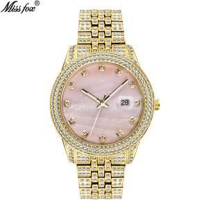 Luxury Luminous <b>Date</b> Quartz Full Diamond Watches Men Hip Hop Bling Gold Pink Iced Out Watch - Product Image 5