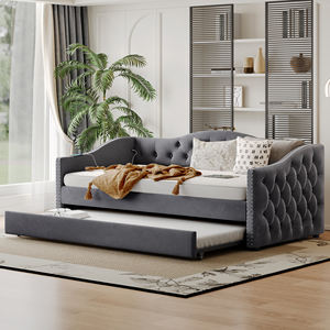 Willsoon Diván Moderno de Terciopelo Gris con Cabecera Acolchada y Detalles de Tachuelas, Sofá <span class=keywords><strong>Cama</strong></span> Multifuncional con <span class=keywords><strong>Cama</strong></span> Extraíble - Product Image 1