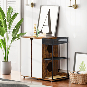 Mueble para Gatos con Recinto para 2 Gatos, Color Marrón Rústico, con Estantes de Almacenamiento - Product Image 1