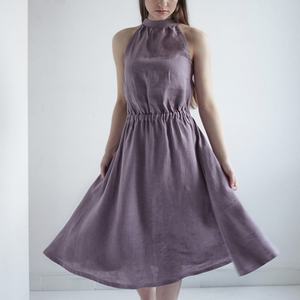 Vestido Midi de Lino de Verano de Alta Calidad para Mujer al por Mayor, con Cuello Halter, Cintura Ajustable y Abertura, Elegante y sin Mangas - Product Image 4