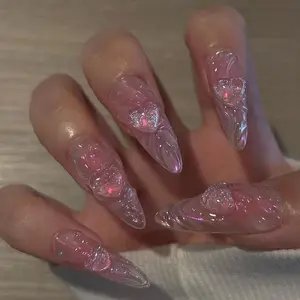 Prensa elegante em unhas de gel macio reutilizável falso amêndoa glitter 3D água ondulação rosa