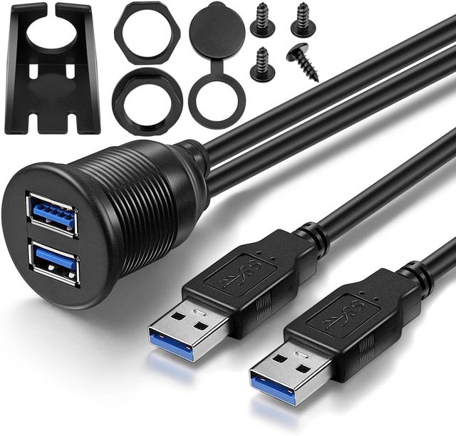 Dual USB 3.0 Male to Female AUX Flush Mount Car Mount Extension Cable for Car Truck Boat Motorcycle Dashboard Panel -(3 Feet)