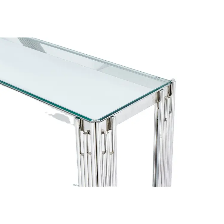 Mesa de centro de cristal moderna de lujo europea para sala de estar, oficina, marco de acero inoxidable, mesa de consola de vidrio templado transparente