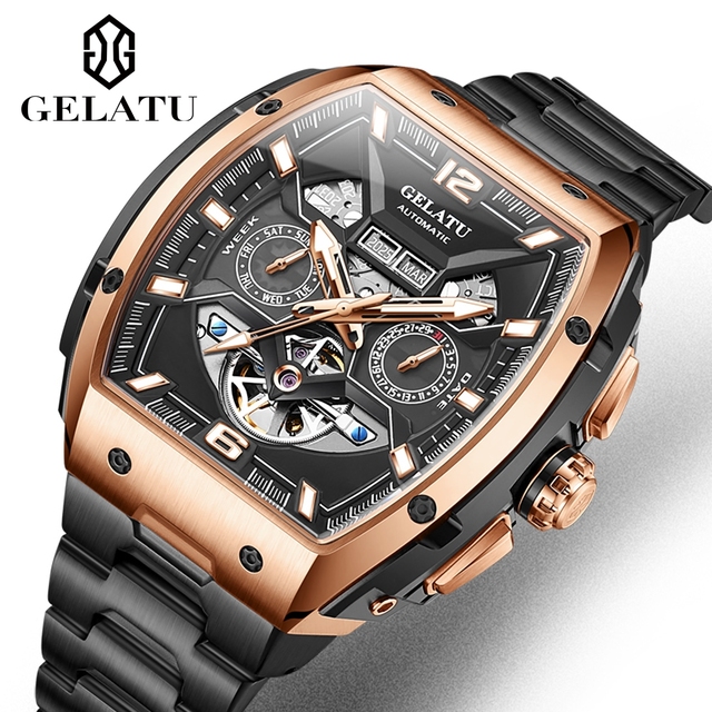 GELATU 6013 High Quality Luxury Man Mechanical Watch Latest 316L Stainless Steel Band Sapphire Skeleton Automatic Business Watch