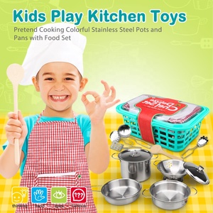 Juego de cocina de acero inoxidable para niños, olla y sartén con delantal y cesta, 14 Uds. - Product Image 2