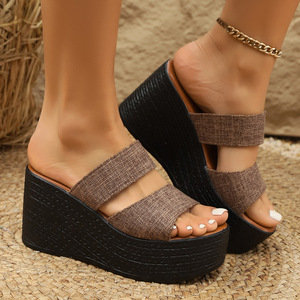 Sandales compensées en lin à bout ouvert et deux brides pour femme, mules à plateforme, grandes tailles 34-43, disponibles en camel, noir, beige - Product Image 2