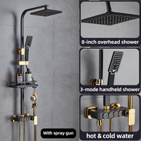Ensemble de douche thermostatique de luxe noir mat et or avec fonction pluie, douchette à main, bidet et étagère Ducha