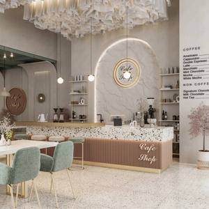 Diseño de Interiores de Cafetería Llave en Mano, Fabricante de Muebles Personalizados para Cafés |   Barra de Bar de Latón Estilo Terrazo Crema Francés OEM - Product Image 2