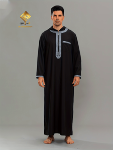 Al Haramain <b>Men's</b> Black Hooded <b>Thobe</b> Long Sleeve Embroidered Floor Length Prayer Wear Cotton Modest Design - Product Image 5