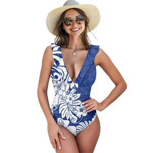Traje de Baño Personalizado con Estampado Tribal Polinesio, Cuello en V, Adorno con Volantes, Control de Abdomen, Estilo Hawaiano Vintage - Product Image 3