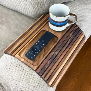 High Quality Walnut Wood Sofa Tray Folding Armrest Table Cups Remote Control Holder