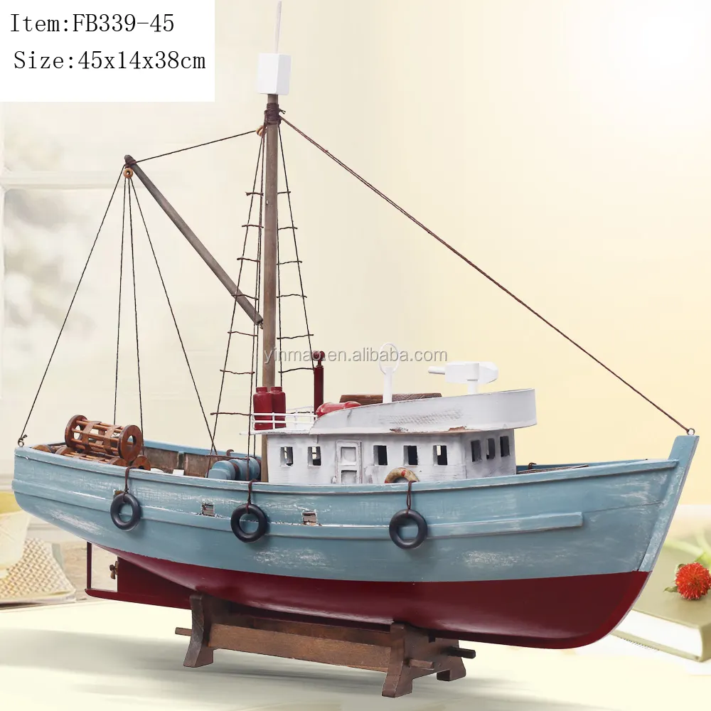Model Perahu Pancing, 45X14X38Cm, Model Kapal Ikan Kayu, Hasil Akhir Abu-abu Antik dengan Goresan, Item Terlaris