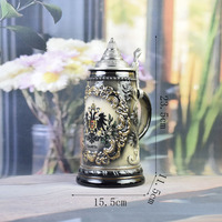 Ensemble de chopes à bière et à vin en porcelaine vintage classique - Plusieurs tailles (250 ml/550 ml/850 ml) Noir-doré avec couvercle et poignée en aluminium