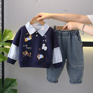 2025 garçons mignon <span class=keywords><strong>double</strong></span> manches chiot <span class=keywords><strong>sweat</strong></span> et vêtements de printemps deux pièces à la mode pour bébés nouvel ensemble décontracté pour les enfants en automne - Product Image 2