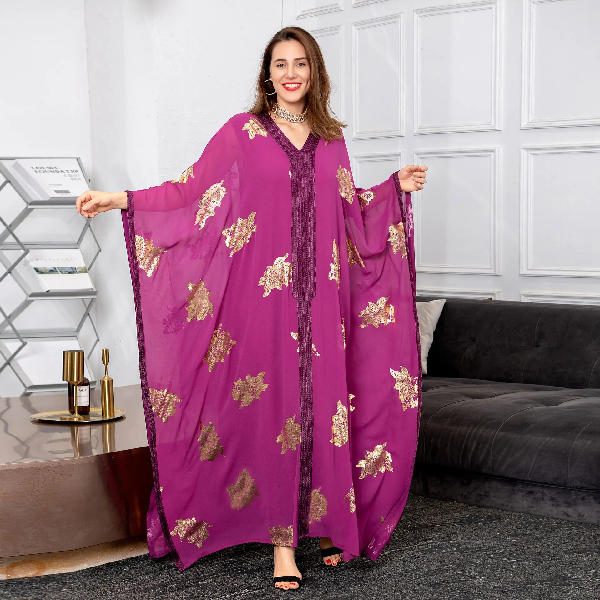 새로운 스타일 쉬폰 아름다운 이슬람 여성 긴 박쥐 슬리브 아랍어 이브닝 드레스