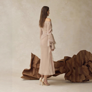 Nouvelle Robe de Soirée Formelle <span class=keywords><strong>Nude</strong></span> 2026 à Épaules Dénudées, Drapée, Manches Cloche, Froncée et Volants, Longueur Midi, pour Fête et Mariage - Product Image 4