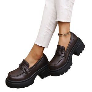 รองเท้าส้นหนาพื้นหนาไซส์ใหญ่แบบสวมสำหรับผู้หญิงสไตล์อังกฤษฤดูใบไม้ร่วง รองเท้าหนังแบบเรียบส้นเตี้ย - Product Image 5