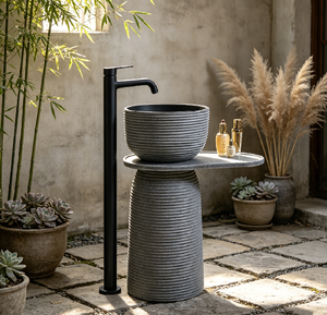 Lavabo a <span class=keywords><strong>colonna</strong></span> in pietra naturale, a forma di vasca rotonda scanalata, per esterni/interni, giardino, patio, villa, hotel - Product Image 4