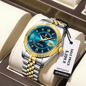 Montre à quartz de luxe pour homme POEDAGAR, bracelet en acier inoxydable bicolore, cadran bleu, affichage de la date avec chiffres romains, boîtier rond de 40 mm - Product Image 1