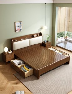 Cadre de lit en bois massif naturel de haute qualité avec tête de lit de rangement et coussin rembourré, lit plateforme moderne pour chambre à coucher - Product Image 6