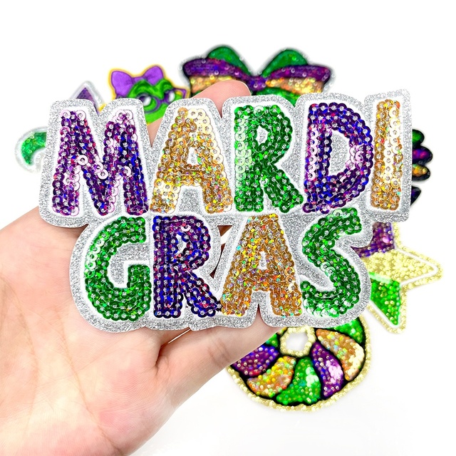 Wholesale Mardi Gras Sequin Patches Purple Green Gold Alligator Mask Fleur De Lis Embroidery Iron on Badge Festival Apparel
