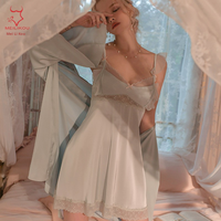 Ensemble de Nuit Sexy Sans Col, Robe Courte à Bretelles Fines en Soie Lisse, Peignoir Transparent en Dentelle, Tenue d'Intérieur