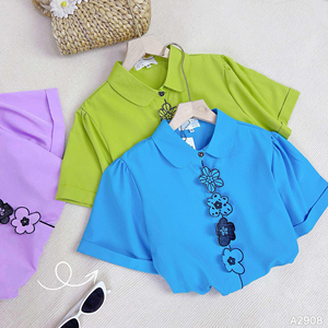 7 days Delivery Time Women Short Sleeve <b>Shirt</b> with Floral Applique <b>Office</b> Casual Solid Top All Seasons Female Vietnam Woven - Product Image 3