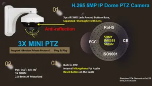 YCXプライベートデザインミニドーム3XズームレンズIMX335CMOS poe ptzカメラ5mp/6mp、MICとリセットボタンを内蔵したカメラptz