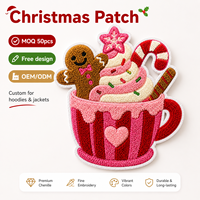Patch en chenille personnalisé de Noël en gros, motif Bonhomme en pain d'épices, canne à sucre, tasse de chocolat chaud, applique à sequins pour vestes