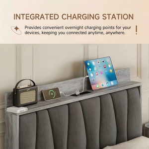 <span class=keywords><strong>Lit</strong></span> plateforme moderne Queen avec cadre rembourré et rangement, 3 tiroirs, station de charge intégrée et tête de <span class=keywords><strong>lit</strong></span> LED, en velours gris - Product Image 3
