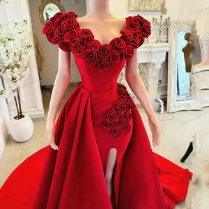Vestidos de Noche Rojos Aso Ebi 2025, Vestidos de Cumpleaños de Lujo con Flores, Estilo Sirena, Hombros Descubiertos, Abertura Lateral, Vestidos de Noche Formales Personalizados - Product Image 3