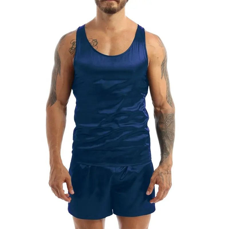 Men Satin Nightwear Sleeveless Tank Top Shorts Sleepwear Pajamas Sets