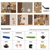 Café de campagne, coin lecture, un puzzle en bois 3D et un kit de maison de poupée miniature avec des sièges extérieurs et des jardinières