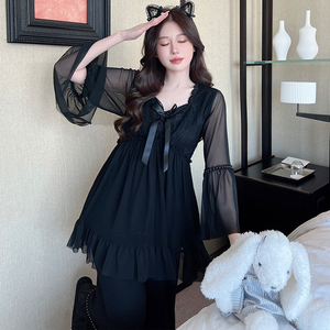 Pajamas Women Suit with Bows Sexy Lace <strong>Nightdress</strong> Mesh Elegant Sweet Solid Girl <strong>Black</strong> Sleepwear Long Sleeved Home Clothes - Product Image 2
