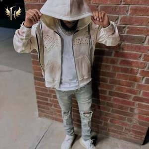 Sudadera con capucha corta premium para hombre, de invierno, con triple cremallera, 100% algodón, oversize, lavada, efecto descolorido por el sol, forrada, con pedrería bordada - Product Image 3