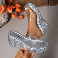 Chaussons compensés transparents à talon épais et bout carré pour femmes, avec semelle à sequins, grande taille