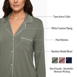 Set <span class=keywords><strong>Pigiama</strong></span> da <span class=keywords><strong>Donna</strong></span> in 2 Pezzi Personalizzato OEM, in Bambù, <span class=keywords><strong>Cotone</strong></span> Organico e Modal, Maniche Lunghe, Colletto Rovesciato, Abbigliamento da Notte e Loungewear - Product Image 3