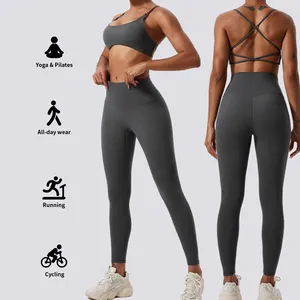 Set pakaian atletik Yoga ramah lingkungan, Set pakaian olahraga aktif rompi Bra Wanita Atasan legging pinggang tinggi kebugaran Gym