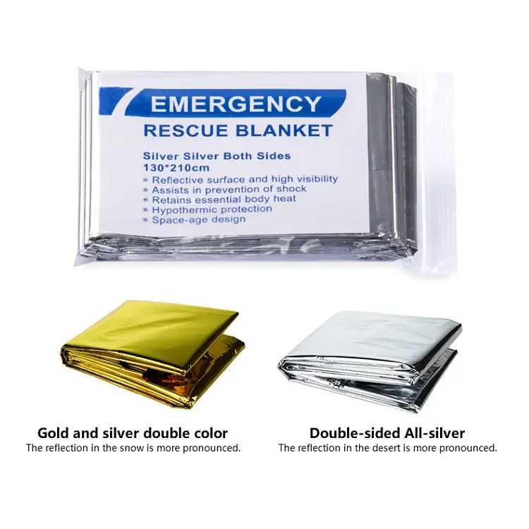Manta térmica de emergencia para exteriores, cobija térmica Mylar de emergencia para supervivencia, color plata y amarillo