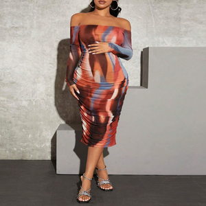 Robe de maternité personnalisée pour femme, sexy, imprimé marbré, manches courtes, épaules dénudées, coupe trapèze, longueur midi, décontractée, respirante, pour club - Product Image 2