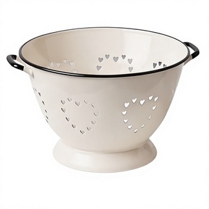 Modern White Enamel Colander With Heart Cutouts And Black Handles Durable Kitchen Strainer For <b>Vegetables</b> And Pasta - Product Image 1