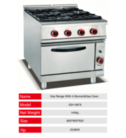 Cuisinière à gaz commerciale 4 brûleurs, plaque de cuisson plate en acier inoxydable, four et grill, brûleurs haute puissance, nettoyage facile pour cuisine intérieure quotidienne